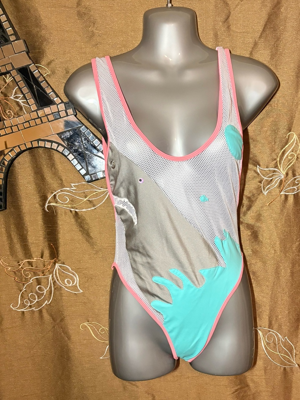 Lee & Lani Women’s One-Piece Swimsuit in Mint, Pink & White with Shark on Front